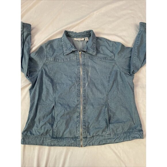 Cathy Daniels Womens 2X Denim Jacket With Rhinestone Accents & Full Zip Front Y2 - Picture 1 of 12